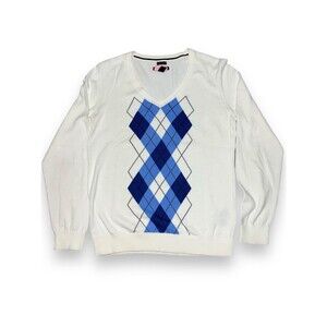 TOMMY HILFIGER WOMEN'S 100% PIMA COTTON WHITE & BLUE ARGYLE SWEATER V-Neck Sz L